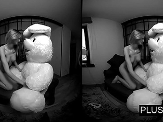 3D VR porn video, Lucy K sucking and stroking teddy bear and receiving cum on tits