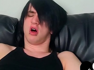 Young emo twink strokes his beamy uncut dick and cums solo